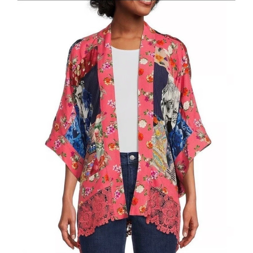 John Mark Pink Floral Patchwork Lace Kimono Jacket